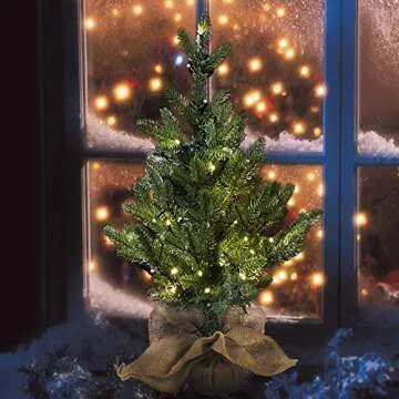 MorTime 24 Inch Mini Artificial Christmas Tree with 50 LED Lights, 2 ft Table Top Christmas Pine Tree 29 Tips with Burlap Wooden Base, Christmas Winter Home Decorations
