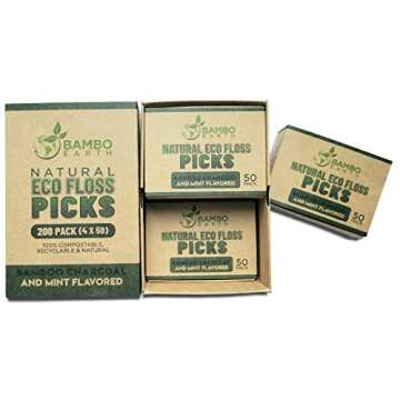 Natural Dental Floss Picks - Eco Friendly Cruelty Free & Vegan Tooth Flossers Pick Set with BPA Free Handle & Zero Waste Packaging - 200 Pack (Bamboo Charcoal Flavored)