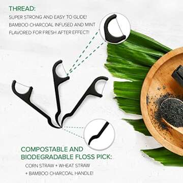 Natural Dental Floss Picks - Eco Friendly Cruelty Free & Vegan Tooth Flossers Pick Set with BPA Free Handle & Zero Waste Packaging - 200 Pack (Bamboo Charcoal Flavored)