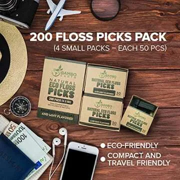 Natural Dental Floss Picks - Eco Friendly Cruelty Free & Vegan Tooth Flossers Pick Set with BPA Free Handle & Zero Waste Packaging - 200 Pack (Bamboo Charcoal Flavored)