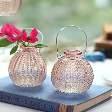 ELEGANTTIME Single Glass Bud Vase Pink Glass Vases for Centerpieces Decor Glass Flower Vase Bottle with Crok Wire Iron Handle Design for Cafes, Office Table, Home and Garden