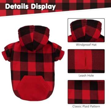 KOOLTAIL Plaid Dog Hoodie Pet Clothes Sweater with Hat and Pocket for Small Medium Large Size Dogs, Soft Winter Warm Dog Cold Weather Coat, Fleece Fall Dog Hooded Sweatshirt for Puppy Cats, Red L