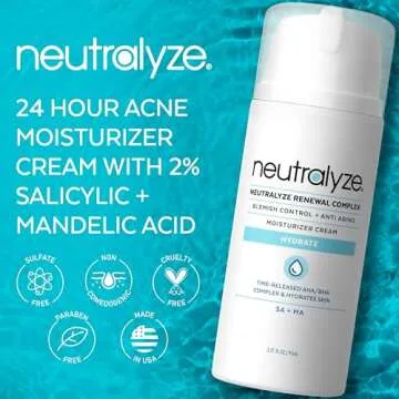 Neutralyze Maximum Strength Acne Moisturizer for Face & Body - Time Released, Medical Grade 2% Mandelic Acid & Salicylic Acid Cream - Renewal Complex Facial Moisturizer for Acne Prone Skin (90+ Day)