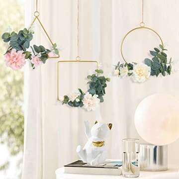 Pauwer Floral Hoop Wreath Set of 3 Artificial Peony Flower and Eucalyptus Vine Wreath for Wedding Party Backdrop Decor