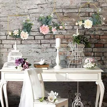 Pauwer Floral Hoop Wreath Set of 3 Artificial Peony Flower and Eucalyptus Vine Wreath for Wedding Party Backdrop Decor