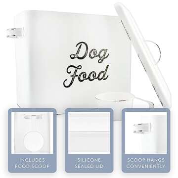 AuldHome Rustic Dog Food Canister; White Farmhouse Style Storage Bin for Small Dogs