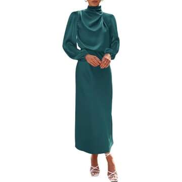 BTFBM Women's Mock Neck Satin Dress Elegant Long Sleeve Elastic High Waist Formal Wedding Cocktail P...