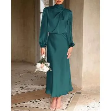 BTFBM Women's Mock Neck Satin Dress Elegant Long Sleeve Elastic High Waist Formal Wedding Cocktail Party Maxi Dresses(Solid Dark Green, Small)