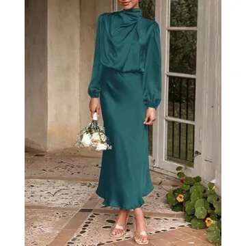 BTFBM Women's Mock Neck Satin Dress Elegant Long Sleeve Elastic High Waist Formal Wedding Cocktail Party Maxi Dresses(Solid Dark Green, Small)