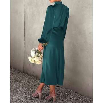 BTFBM Women's Mock Neck Satin Dress Elegant Long Sleeve Elastic High Waist Formal Wedding Cocktail Party Maxi Dresses(Solid Dark Green, Small)