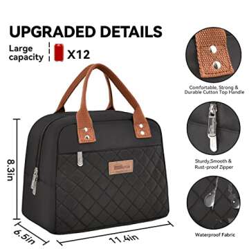 HOMESPON Insulated Lunch Bag for Women Men Adults Lunch Tote with Front Pocket Lunch Box Container Cooler Bag for Work Picnic (Black)