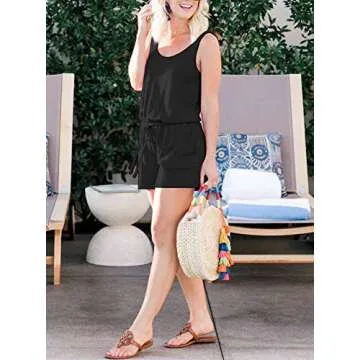 REORIA Womens Casual Summer One Piece Sleeveless Tank Top Playsuits Short Jumpsuit Beach Rompers Black Small