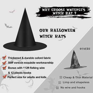 12pcs Halloween Black Witch Hats Decorations, Thickened Hanging Wizard Hats Bulk Costume Accessory, Floating Witch Hat with Rope and Hooks for Porch Yard Indoor Outdoor Halloween Decor Party Favors