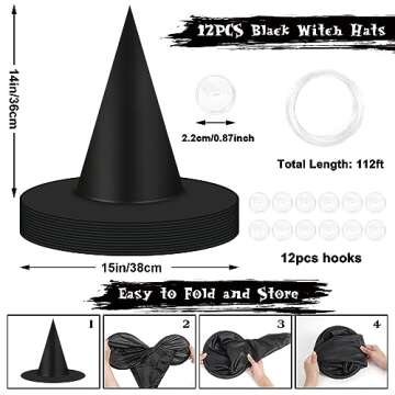 12pcs Halloween Black Witch Hats Decorations, Thickened Hanging Wizard Hats Bulk Costume Accessory, Floating Witch Hat with Rope and Hooks for Porch Yard Indoor Outdoor Halloween Decor Party Favors