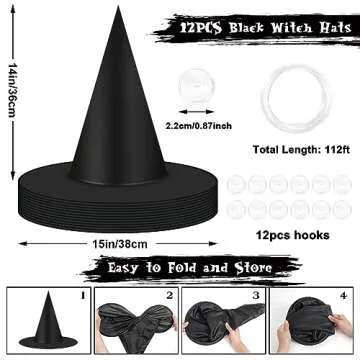 12 Halloween Black Witch Hats for Spooky Decor