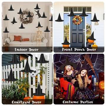 12pcs Halloween Black Witch Hats Decorations, Thickened Hanging Wizard Hats Bulk Costume Accessory, Floating Witch Hat with Rope and Hooks for Porch Yard Indoor Outdoor Halloween Decor Party Favors