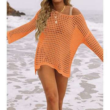 ZESICA Women's 2025 Summer Crochet Hollow Out Long Sleeve Beach Bikini Swimsuit Mesh Cover Up Tunic Top,Orange,Medium