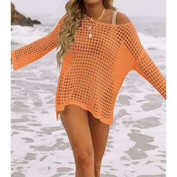ZESICA Women's 2025 Summer Crochet Hollow Out Long Sleeve Beach Bikini Swimsuit Mesh Cover Up Tunic Top,Orange,Medium