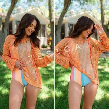 ZESICA Women's 2025 Summer Crochet Hollow Out Long Sleeve Beach Bikini Swimsuit Mesh Cover Up Tunic Top,Orange,Medium