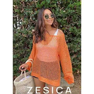 ZESICA Women's 2025 Summer Crochet Hollow Out Long Sleeve Beach Bikini Swimsuit Mesh Cover Up Tunic Top,Orange,Medium