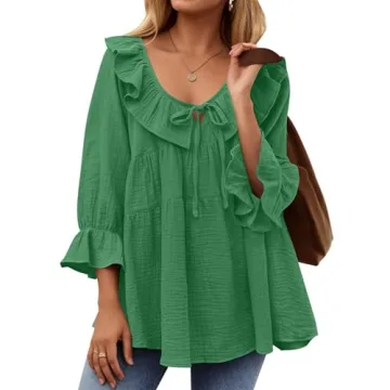 ZESICA Womens Scoop Neck 3/4 Length Sleeve Tops Casual Tie Front Ruffle Tiered Loose Tunic Shirts Bl...