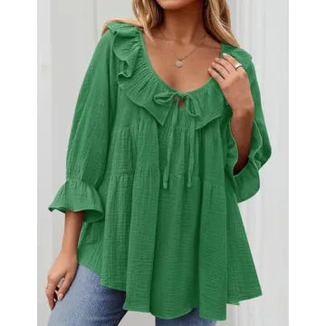 ZESICA Womens Scoop Neck 3/4 Length Sleeve Tops Casual Tie Front Ruffle Tiered Loose Tunic Shirts Blouses Spring Outfits,Green,Small