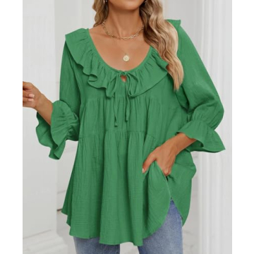 ZESICA Womens Scoop Neck 3/4 Length Sleeve Tops Casual Tie Front Ruffle Tiered Loose Tunic Shirts Blouses Spring Outfits,Green,Small