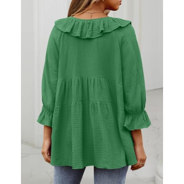 ZESICA Womens Scoop Neck 3/4 Length Sleeve Tops Casual Tie Front Ruffle Tiered Loose Tunic Shirts Blouses Spring Outfits,Green,Small