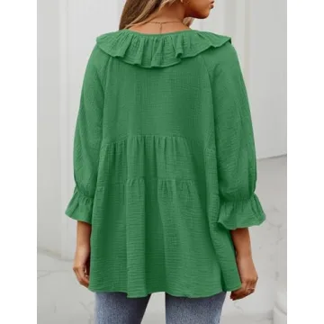 ZESICA Womens Scoop Neck 3/4 Length Sleeve Tops Casual Tie Front Ruffle Tiered Loose Tunic Shirts Blouses Spring Outfits,Green,Small