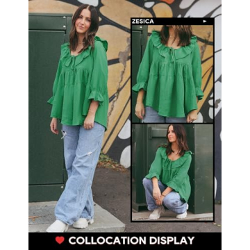 ZESICA Womens Scoop Neck 3/4 Length Sleeve Tops Casual Tie Front Ruffle Tiered Loose Tunic Shirts Blouses Spring Outfits,Green,Small