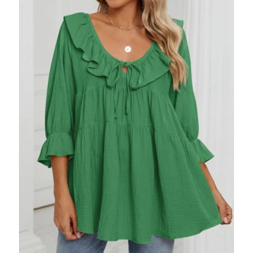 ZESICA Womens Scoop Neck 3/4 Length Sleeve Tops Casual Tie Front Ruffle Tiered Loose Tunic Shirts Blouses Spring Outfits,Green,Small