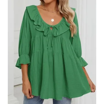 ZESICA Womens Scoop Neck 3/4 Length Sleeve Tops Casual Tie Front Ruffle Tiered Loose Tunic Shirts Blouses Spring Outfits,Green,Small