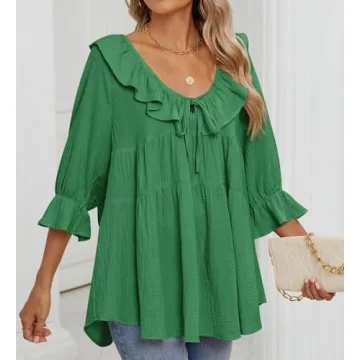 ZESICA Womens Scoop Neck 3/4 Length Sleeve Tops Casual Tie Front Ruffle Tiered Loose Tunic Shirts Blouses Spring Outfits,Green,Small