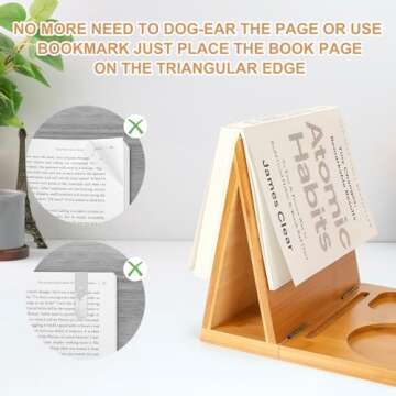 3HQ Wooden Book Holder for Reading Rest, Bamboo Triangle Book Stand with Cup, Glasses, Pen & Phone Holder, Book Nook Reading Valet for Book Lover Gifts