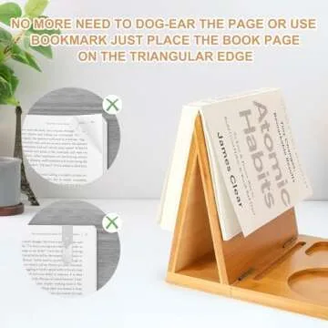 3HQ Wooden Book Holder for Reading Rest, Bamboo Triangle Book Stand with Cup, Glasses, Pen & Phone Holder, Book Nook Reading Valet for Book Lover Gifts