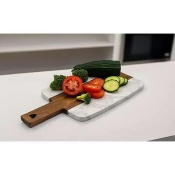 The Live Edge - Acacia Wood Small Marble and Wooden Decorative Cutting Board for Kitchen, White Marble and Wood Charcuterie Board, Small Wooden Marble Cheese Board With Handle Serving, Chopping Board