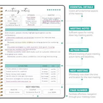 Taja Meeting Notebook for Work Organization - Work notebook with action items, Meeting Minutes Plann...