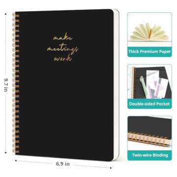 Taja Meeting Notebook for Work Organization - Work notebook with action items, Meeting Minutes Planner Notebook, Perfect Office Supplies for Men & Women - Black