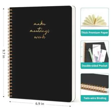 Taja Meeting Notebook for Work Organization - Work notebook with action items, Meeting Minutes Planner Notebook, Perfect Office Supplies for Men & Women - Black