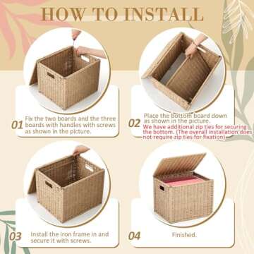 Jingmore Seagrass File Box Organizers Collapsible Letter Size Filing Cabinet with Lid Portable Decorative Document File Storage Box for Office/Decor/Home, Natural (Letter Size)