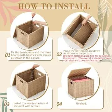 Jingmore Seagrass File Box Organizers Collapsible Letter Size Filing Cabinet with Lid Portable Decorative Document File Storage Box for Office/Decor/Home, Natural (Letter Size)