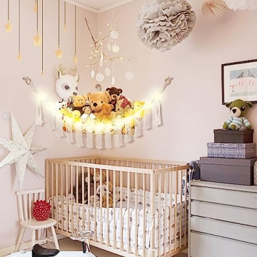 CERETIA Stuffed Animal Hammock with LED Light, Toy Hammock for Stuffed Animals Storage for Kids Room Decor, Stuffed Animal Hammock Corner, White