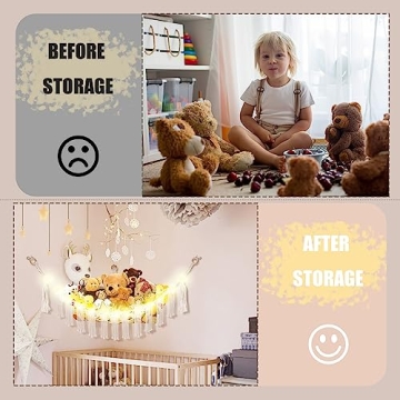 CERETIA Stuffed Animal Hammock with LED Light, Toy Hammock for Stuffed Animals Storage for Kids Room Decor, Stuffed Animal Hammock Corner, White