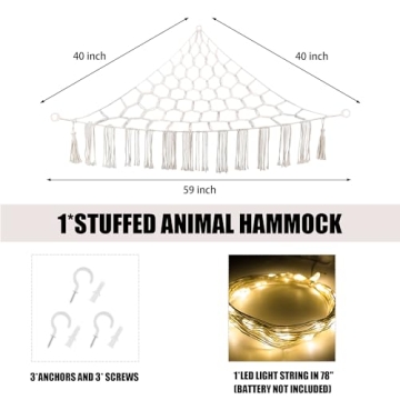 CERETIA Stuffed Animal Hammock with LED Light, Toy Hammock for Stuffed Animals Storage for Kids Room Decor, Stuffed Animal Hammock Corner, White