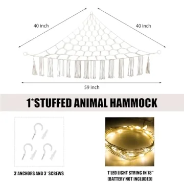 CERETIA Stuffed Animal Hammock with LED Light, Toy Hammock for Stuffed Animals Storage for Kids Room Decor, Stuffed Animal Hammock Corner, White