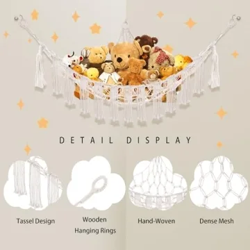 CERETIA Stuffed Animal Hammock with LED Light, Toy Hammock for Stuffed Animals Storage for Kids Room Decor, Stuffed Animal Hammock Corner, White