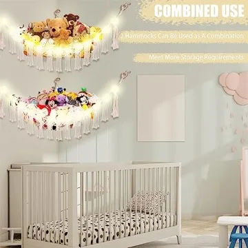 CERETIA Stuffed Animal Hammock with LED Light, Toy Hammock for Stuffed Animals Storage for Kids Room Decor, Stuffed Animal Hammock Corner, White