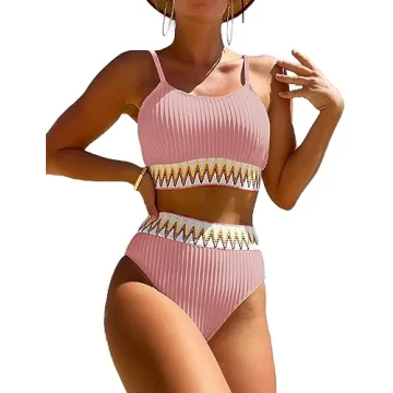 Zuvebamyo Women's High Waisted Swimsuit Two Piece Ribbed Bikini Sets Crop Top High Cut Cheeky Bathin...