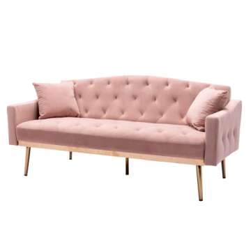SZLizCCC65inch Loveseat Sofa Chair,Button Velvet Sofa,Sleeper Sofa chaisr Set, Mid-Century Modern Sofa Bed, Couch Bed for Living Room with Golden Metal Foot(Couch, Pink)