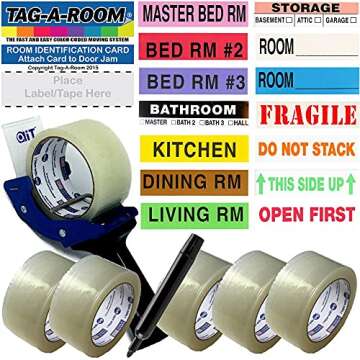 Tag-A-Room Pack and Move Kit - 525 Color-Coded Moving Labels, Door IDs, Tape Gun Dispenser, 6 Rolls of Packaging Tape, Dual-Tip Permanent Marker - Organize Your Move with Ease
